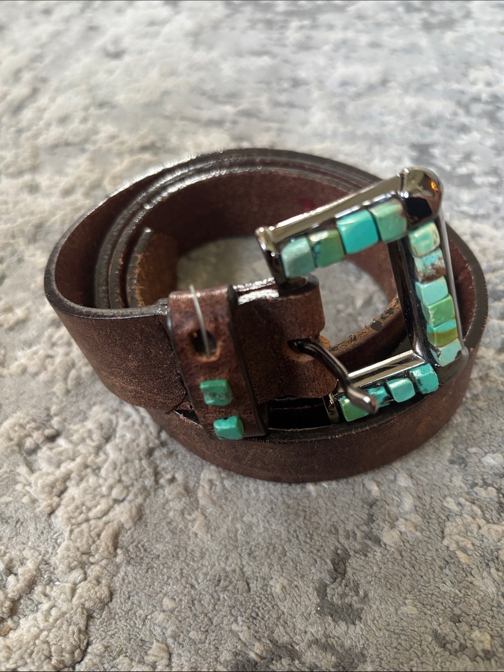 Brown Leather Belt with Turquoise Accent Buckle missing one rock